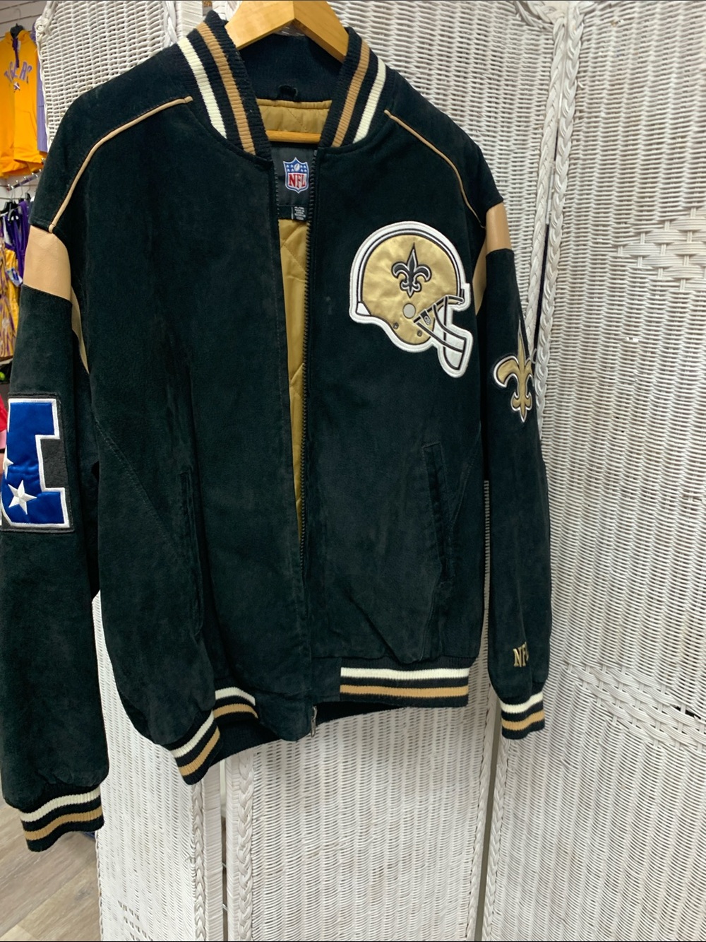 NFL New Orleans Saints Black and Gold Suede Varsity Jacket